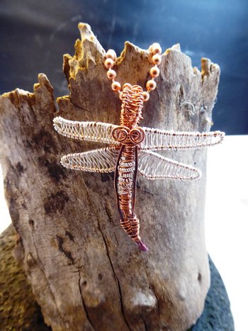 Mixed metal wire woven dragonfly pendant
