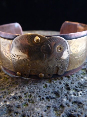 Mixed metal copper and nugold primitive elephant cuff bracelet