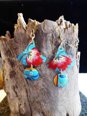 Trashy tinsel long dangle floral recycled tin earrings