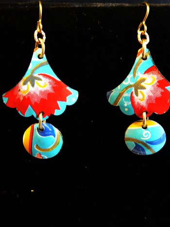 Trashy tinsel long dangle floral recycled tin earrings