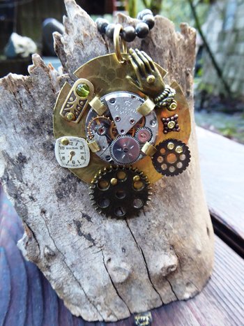 Mixed metal steampunk watchwork gear pendant
