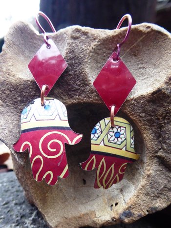Trashy Tinsel hamsa dangle recycled tin earring