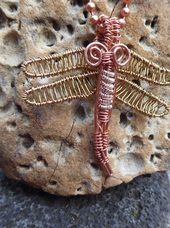 Handmade wire wrap nugold winged dragonfly pendant- Insight