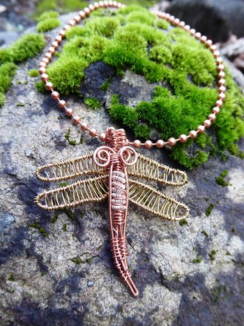Handmade wire wrap nugold winged dragonfly pendant- Insight