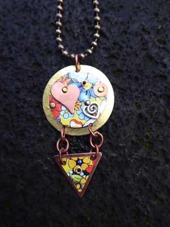Vintage flower tin pendant heart love mixed metals