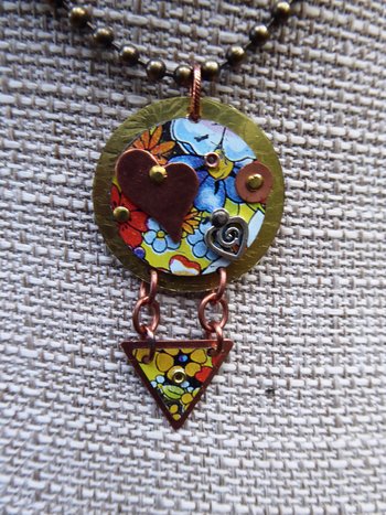 Vintage flower tin pendant heart love mixed metals