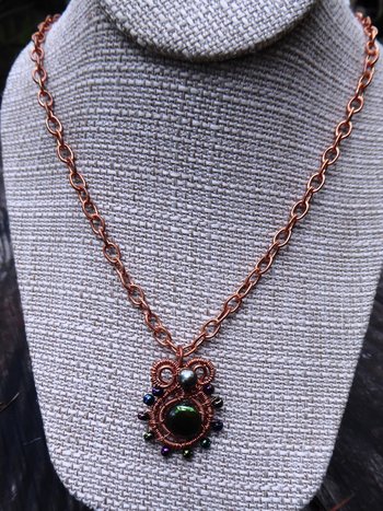 Copper and fresh water pearls in green tones pendant Pearly Girl