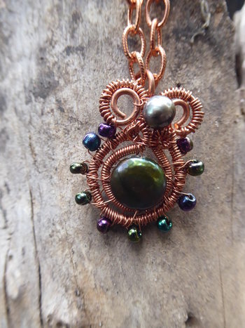 Copper and fresh water pearls in green tones pendant Pearly Girl