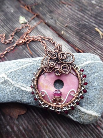 Bold and sassy rhodonite mixed metal donut pendant