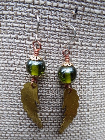 Bead and feather brass dangle earrings
