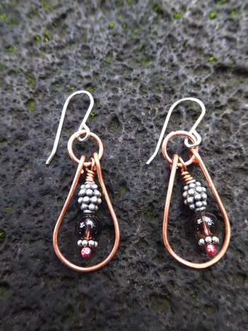Smoky quartz gemstone and copper dangle hoop earring