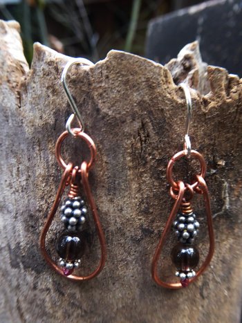 Smoky quartz gemstone and copper dangle hoop earring