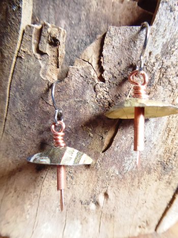 Recycled vintage tin and copper mixed metal dangle boho mushroom earrings