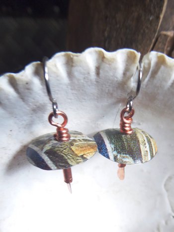 Recycled vintage tin and copper mixed metal dangle boho mushroom earrings