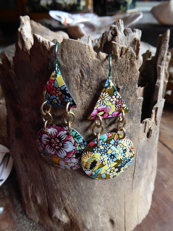 Trashy tinsel large statement flower garden upcycled earrings