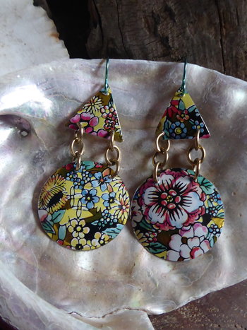 Trashy tinsel large statement flower garden upcycled earrings