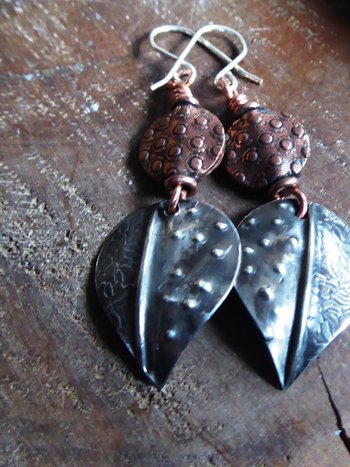 Mixed metal fold form dangle leaf earrings
