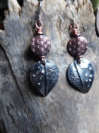 Mixed metal fold form dangle leaf earrings