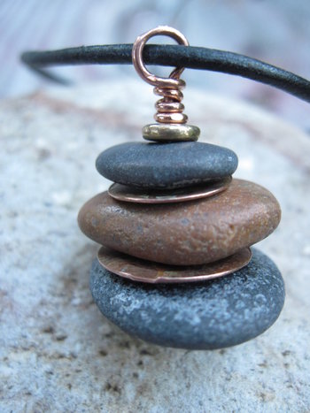 Beach stone stacked rock with copper Om rock cairn zen pendant