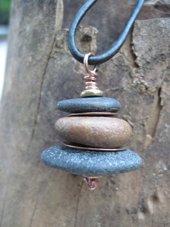 Beach stone stacked rock with copper Om rock cairn zen pendant