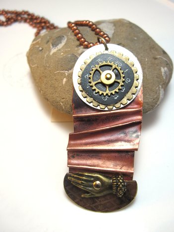 Fold form mixed metal forged funky steampunk pendant