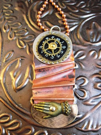 Fold form mixed metal forged funky steampunk pendant