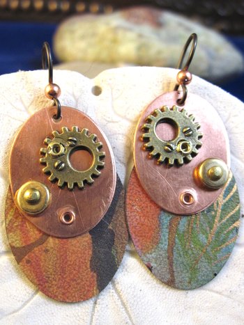 Steampunk mixed metal copper and recycled tin dangle earrings- Trashy Tinsel
