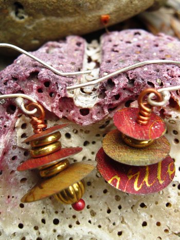 Recycled tin Asian inspired dangle earring with brass and copper