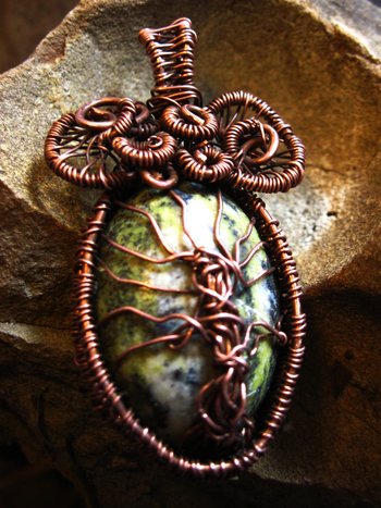Copper wire woven tree of life stone pendant
