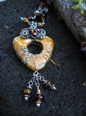 Brown jasper swirling pendant with a sterling and tigereye beaded chain