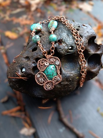 Copper and silver wire woven turquoise pendant with turquoise and copper chain